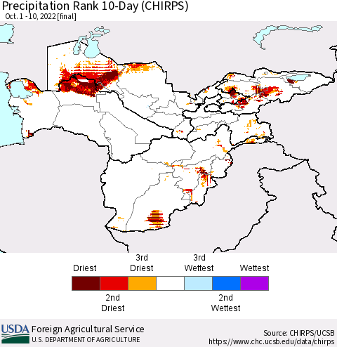 Central Asia Precipitation Rank since 1981, 10-Day (CHIRPS) Thematic Map For 10/1/2022 - 10/10/2022