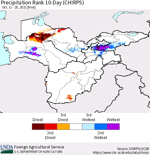 Central Asia Precipitation Rank since 1981, 10-Day (CHIRPS) Thematic Map For 10/11/2022 - 10/20/2022