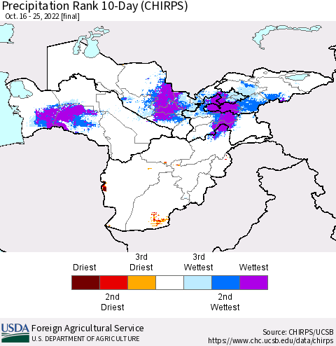 Central Asia Precipitation Rank since 1981, 10-Day (CHIRPS) Thematic Map For 10/16/2022 - 10/25/2022