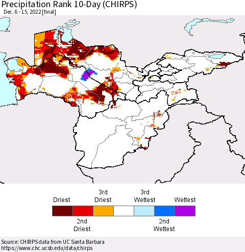 Central Asia Precipitation Rank since 1981, 10-Day (CHIRPS) Thematic Map For 12/6/2022 - 12/15/2022
