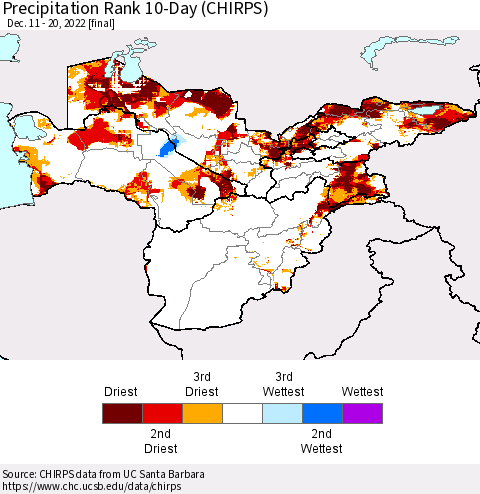 Central Asia Precipitation Rank since 1981, 10-Day (CHIRPS) Thematic Map For 12/11/2022 - 12/20/2022