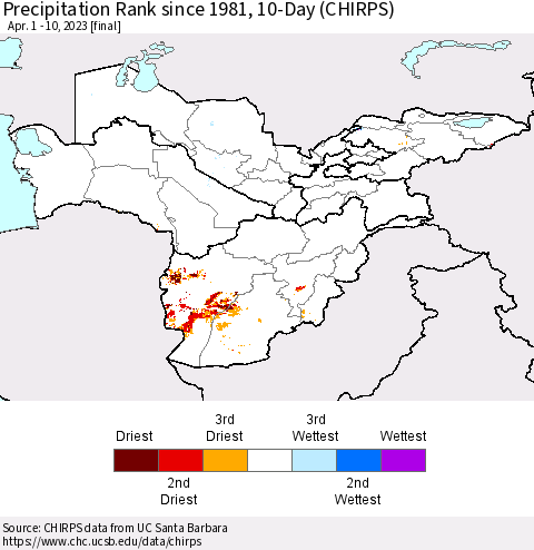 Central Asia Precipitation Rank since 1981, 10-Day (CHIRPS) Thematic Map For 4/1/2023 - 4/10/2023