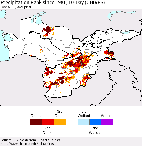 Central Asia Precipitation Rank since 1981, 10-Day (CHIRPS) Thematic Map For 4/6/2023 - 4/15/2023