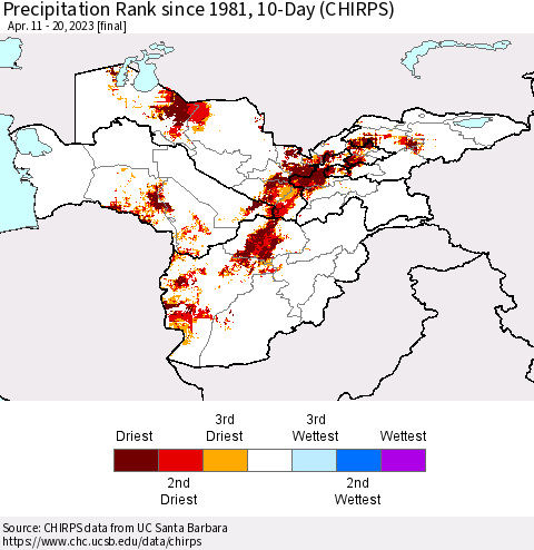 Central Asia Precipitation Rank since 1981, 10-Day (CHIRPS) Thematic Map For 4/11/2023 - 4/20/2023