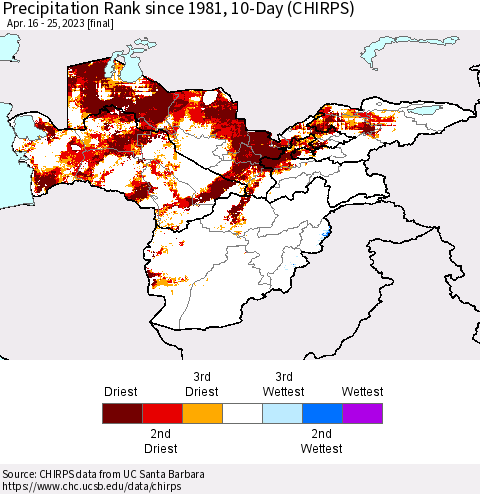Central Asia Precipitation Rank since 1981, 10-Day (CHIRPS) Thematic Map For 4/16/2023 - 4/25/2023