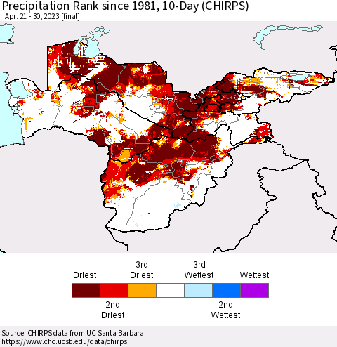 Central Asia Precipitation Rank since 1981, 10-Day (CHIRPS) Thematic Map For 4/21/2023 - 4/30/2023