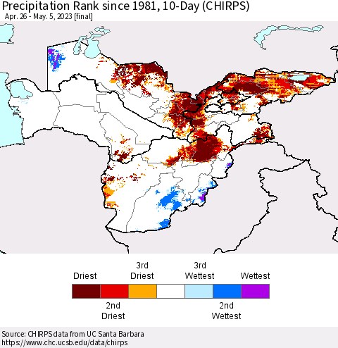 Central Asia Precipitation Rank since 1981, 10-Day (CHIRPS) Thematic Map For 4/26/2023 - 5/5/2023