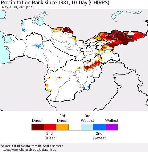 Central Asia Precipitation Rank since 1981, 10-Day (CHIRPS) Thematic Map For 5/1/2023 - 5/10/2023