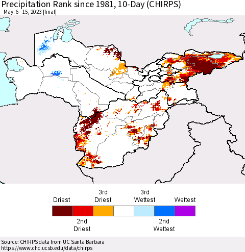 Central Asia Precipitation Rank since 1981, 10-Day (CHIRPS) Thematic Map For 5/6/2023 - 5/15/2023