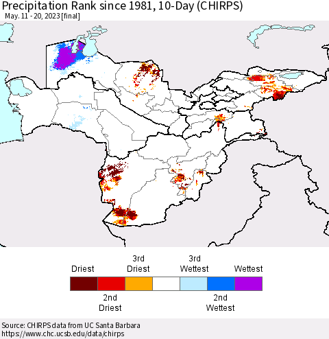 Central Asia Precipitation Rank since 1981, 10-Day (CHIRPS) Thematic Map For 5/11/2023 - 5/20/2023