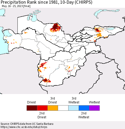 Central Asia Precipitation Rank since 1981, 10-Day (CHIRPS) Thematic Map For 5/16/2023 - 5/25/2023