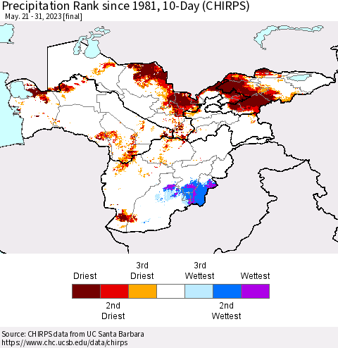 Central Asia Precipitation Rank since 1981, 10-Day (CHIRPS) Thematic Map For 5/21/2023 - 5/31/2023