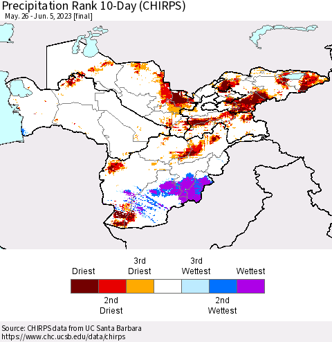 Central Asia Precipitation Rank since 1981, 10-Day (CHIRPS) Thematic Map For 5/26/2023 - 6/5/2023