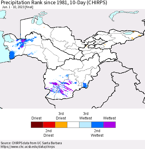 Central Asia Precipitation Rank since 1981, 10-Day (CHIRPS) Thematic Map For 6/1/2023 - 6/10/2023