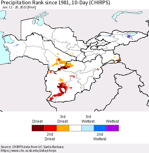 Central Asia Precipitation Rank since 1981, 10-Day (CHIRPS) Thematic Map For 6/11/2023 - 6/20/2023