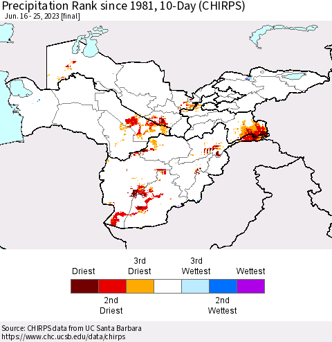 Central Asia Precipitation Rank since 1981, 10-Day (CHIRPS) Thematic Map For 6/16/2023 - 6/25/2023