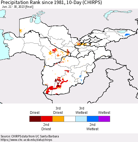 Central Asia Precipitation Rank since 1981, 10-Day (CHIRPS) Thematic Map For 6/21/2023 - 6/30/2023
