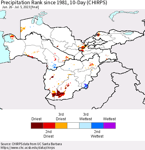 Central Asia Precipitation Rank since 1981, 10-Day (CHIRPS) Thematic Map For 6/26/2023 - 7/5/2023