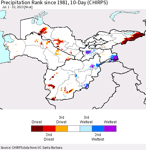 Central Asia Precipitation Rank since 1981, 10-Day (CHIRPS) Thematic Map For 7/1/2023 - 7/10/2023