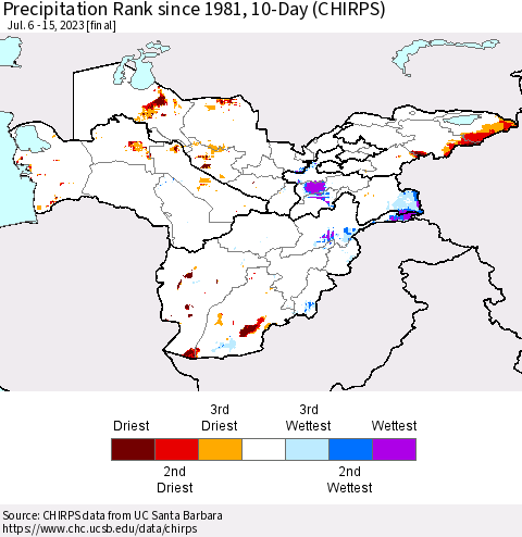 Central Asia Precipitation Rank since 1981, 10-Day (CHIRPS) Thematic Map For 7/6/2023 - 7/15/2023