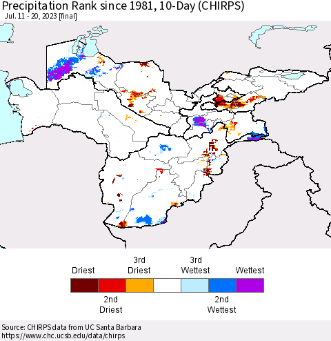 Central Asia Precipitation Rank since 1981, 10-Day (CHIRPS) Thematic Map For 7/11/2023 - 7/20/2023