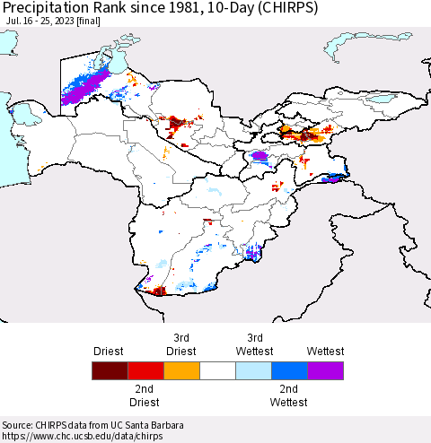 Central Asia Precipitation Rank since 1981, 10-Day (CHIRPS) Thematic Map For 7/16/2023 - 7/25/2023