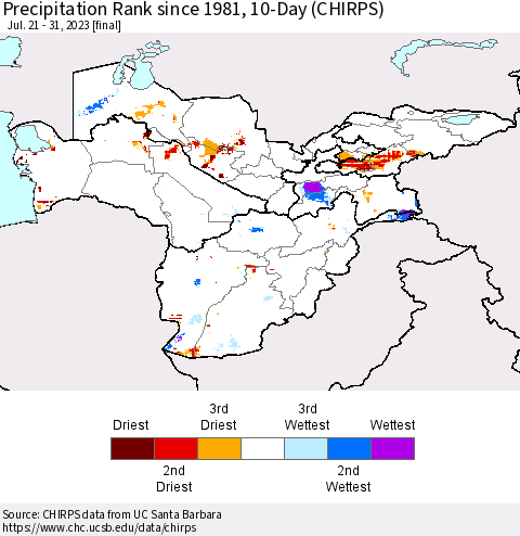 Central Asia Precipitation Rank since 1981, 10-Day (CHIRPS) Thematic Map For 7/21/2023 - 7/31/2023