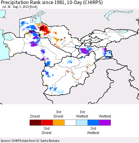 Central Asia Precipitation Rank since 1981, 10-Day (CHIRPS) Thematic Map For 7/26/2023 - 8/5/2023