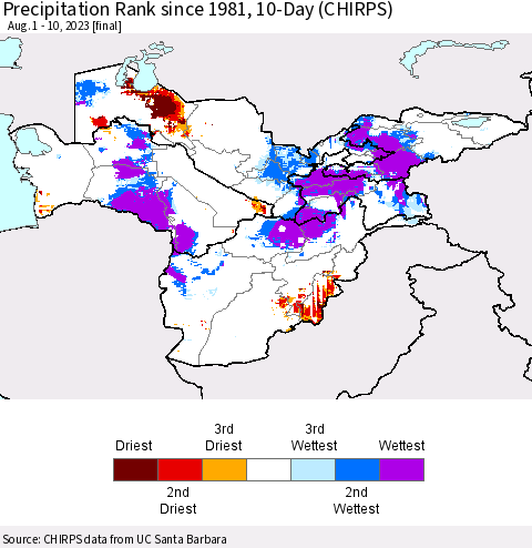 Central Asia Precipitation Rank since 1981, 10-Day (CHIRPS) Thematic Map For 8/1/2023 - 8/10/2023