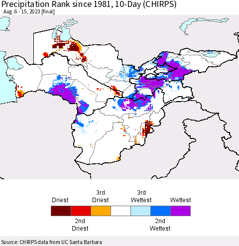 Central Asia Precipitation Rank since 1981, 10-Day (CHIRPS) Thematic Map For 8/6/2023 - 8/15/2023