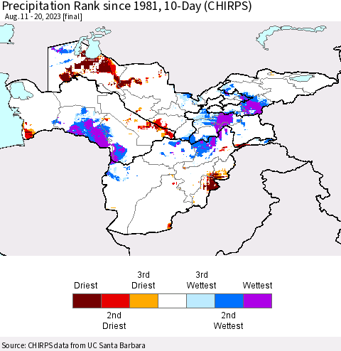 Central Asia Precipitation Rank since 1981, 10-Day (CHIRPS) Thematic Map For 8/11/2023 - 8/20/2023