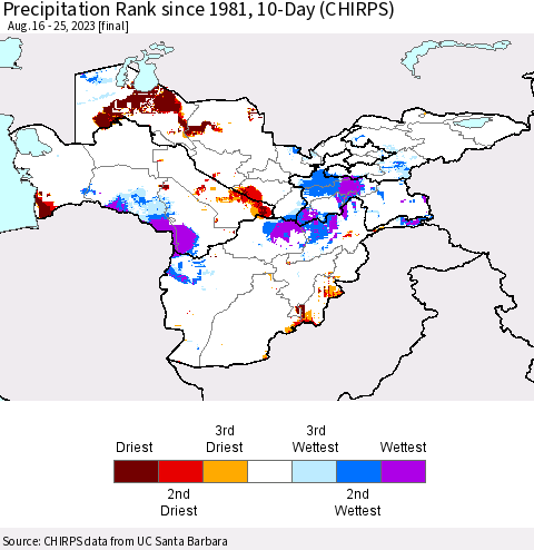 Central Asia Precipitation Rank since 1981, 10-Day (CHIRPS) Thematic Map For 8/16/2023 - 8/25/2023