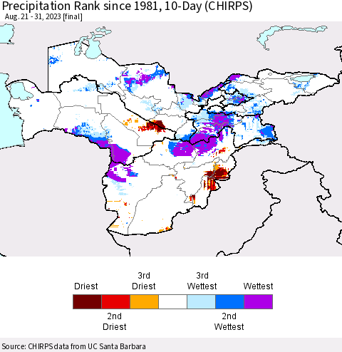 Central Asia Precipitation Rank since 1981, 10-Day (CHIRPS) Thematic Map For 8/21/2023 - 8/31/2023
