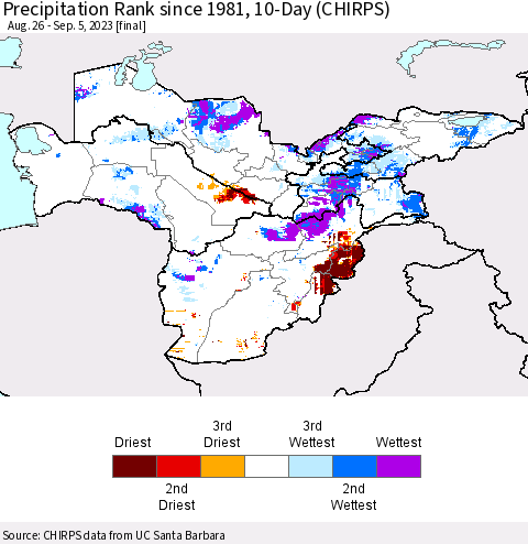 Central Asia Precipitation Rank since 1981, 10-Day (CHIRPS) Thematic Map For 8/26/2023 - 9/5/2023