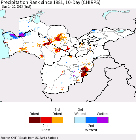 Central Asia Precipitation Rank since 1981, 10-Day (CHIRPS) Thematic Map For 9/1/2023 - 9/10/2023