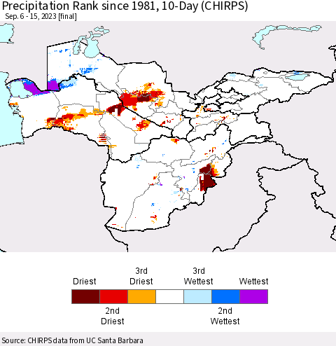 Central Asia Precipitation Rank since 1981, 10-Day (CHIRPS) Thematic Map For 9/6/2023 - 9/15/2023