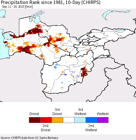 Central Asia Precipitation Rank since 1981, 10-Day (CHIRPS) Thematic Map For 9/11/2023 - 9/20/2023