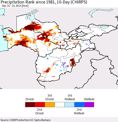 Central Asia Precipitation Rank since 1981, 10-Day (CHIRPS) Thematic Map For 9/16/2023 - 9/25/2023