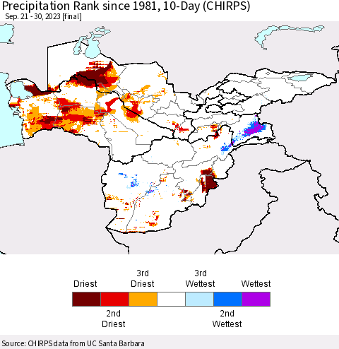 Central Asia Precipitation Rank since 1981, 10-Day (CHIRPS) Thematic Map For 9/21/2023 - 9/30/2023