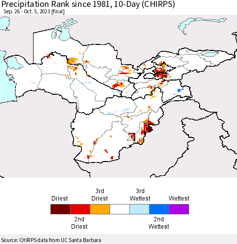 Central Asia Precipitation Rank since 1981, 10-Day (CHIRPS) Thematic Map For 9/26/2023 - 10/5/2023