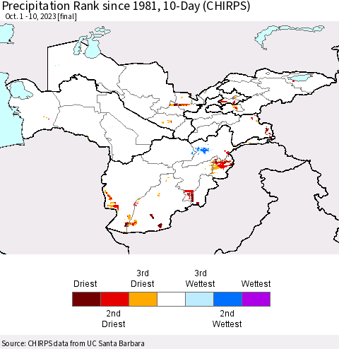 Central Asia Precipitation Rank since 1981, 10-Day (CHIRPS) Thematic Map For 10/1/2023 - 10/10/2023