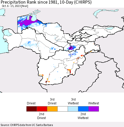 Central Asia Precipitation Rank since 1981, 10-Day (CHIRPS) Thematic Map For 10/6/2023 - 10/15/2023