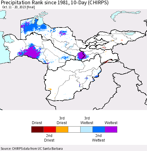Central Asia Precipitation Rank since 1981, 10-Day (CHIRPS) Thematic Map For 10/11/2023 - 10/20/2023