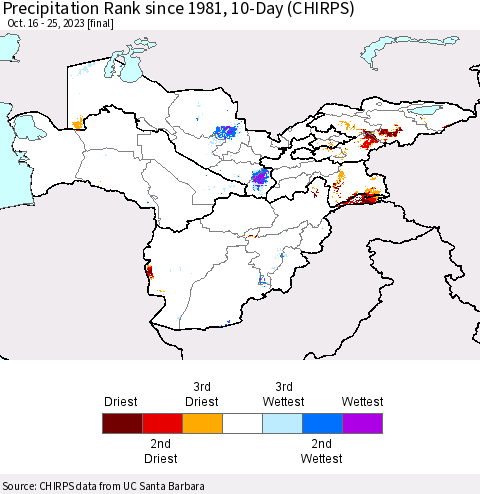 Central Asia Precipitation Rank since 1981, 10-Day (CHIRPS) Thematic Map For 10/16/2023 - 10/25/2023