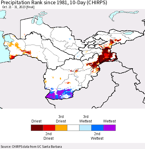 Central Asia Precipitation Rank since 1981, 10-Day (CHIRPS) Thematic Map For 10/21/2023 - 10/31/2023