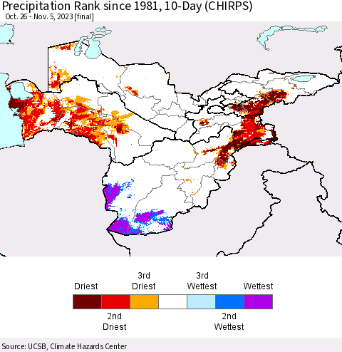 Central Asia Precipitation Rank since 1981, 10-Day (CHIRPS) Thematic Map For 10/26/2023 - 11/5/2023