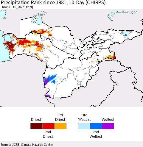 Central Asia Precipitation Rank since 1981, 10-Day (CHIRPS) Thematic Map For 11/1/2023 - 11/10/2023