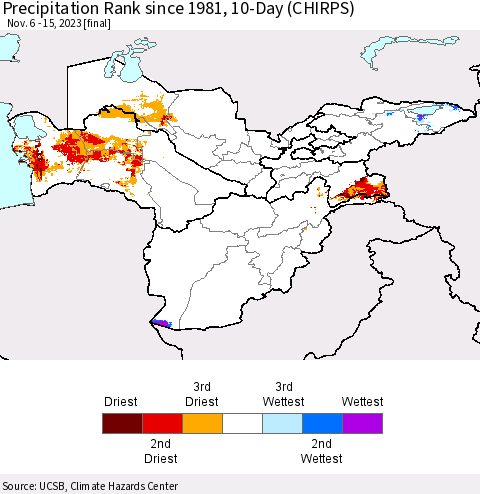 Central Asia Precipitation Rank since 1981, 10-Day (CHIRPS) Thematic Map For 11/6/2023 - 11/15/2023