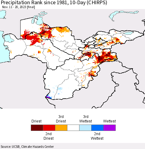 Central Asia Precipitation Rank since 1981, 10-Day (CHIRPS) Thematic Map For 11/11/2023 - 11/20/2023