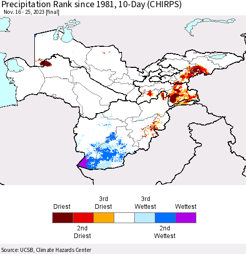 Central Asia Precipitation Rank since 1981, 10-Day (CHIRPS) Thematic Map For 11/16/2023 - 11/25/2023